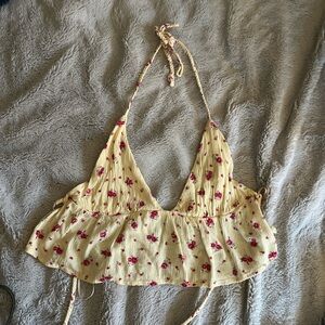 Floral Halter Top - Yellow with pink Flowers